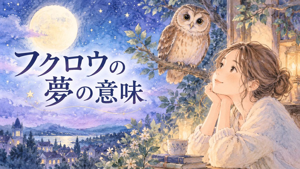 夜の窓辺でフクロウを見つめる大人の女性