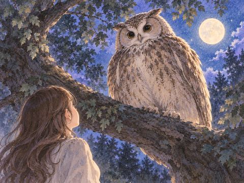 夜の森で大きなフクロウを見上げる場面
