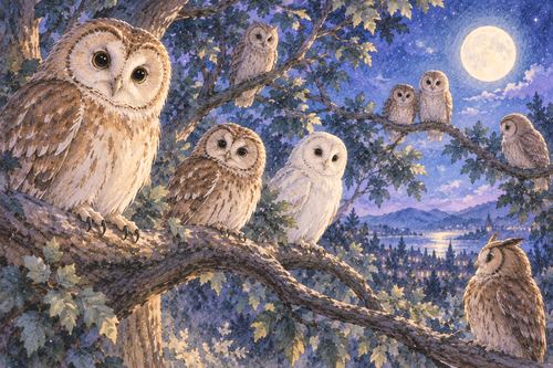 夜の木々に何羽ものフクロウが集まる様子