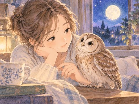 大人の女性へ親しげに近づくフクロウ