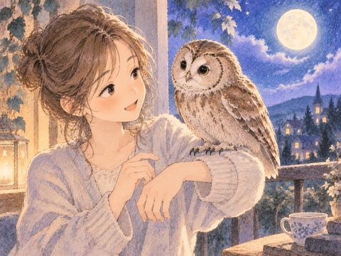 大人の女性の腕に静かにとまるフクロウ