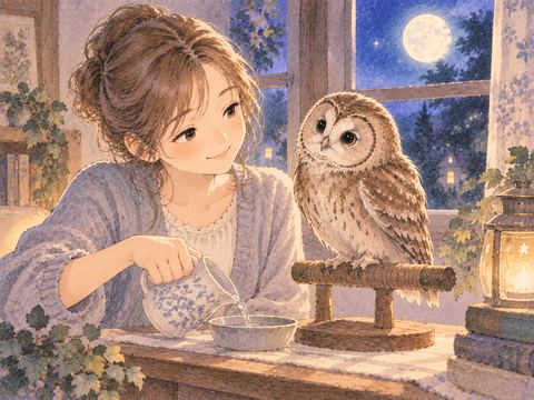 部屋で飼っているフクロウの世話をする女性