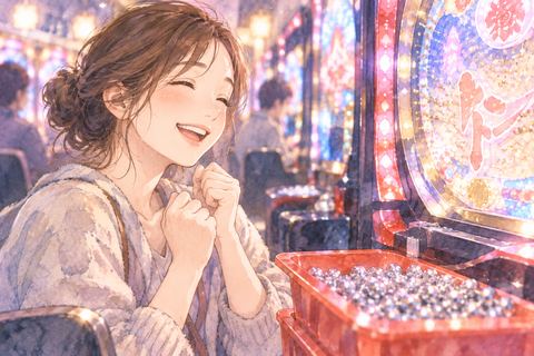 パチンコで勝って笑顔になる女性