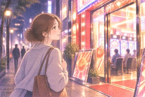 夜のパチンコ店へ向かう女性