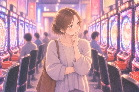 並ぶパチンコ台を見比べる女性