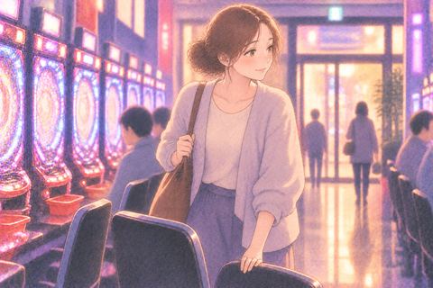 パチンコ台から立ち上がる女性