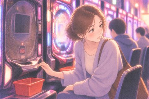 動かないパチンコ台を確認する女性