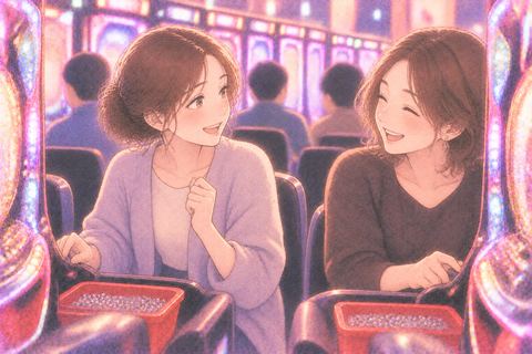 友達と並んでパチンコを楽しむ女性