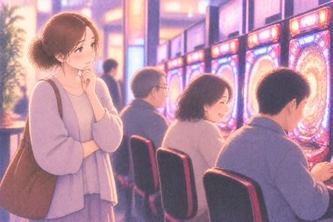 パチンコをする家族を見守る女性