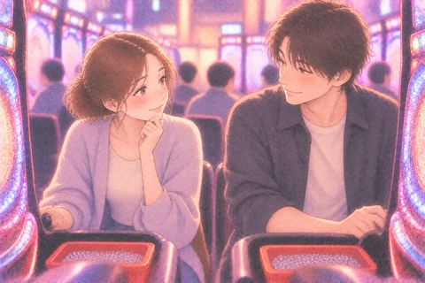異性と並んでパチンコをする女性