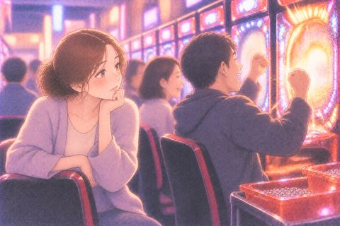 他人の大当たりを見つめる女性