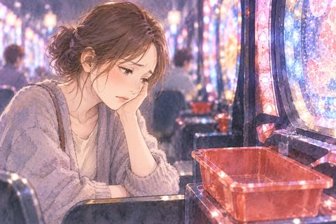パチンコで負けて肩を落とす女性