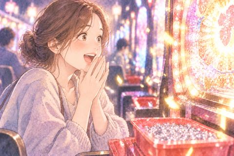 大当たりの光に驚く女性