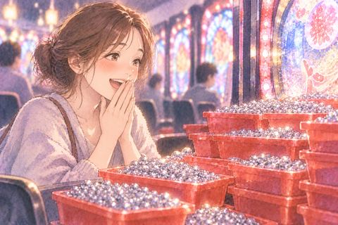 大量のパチンコ玉を見て満足する女性