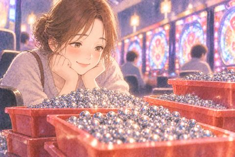 たくさんのパチンコ玉を見つめる女性