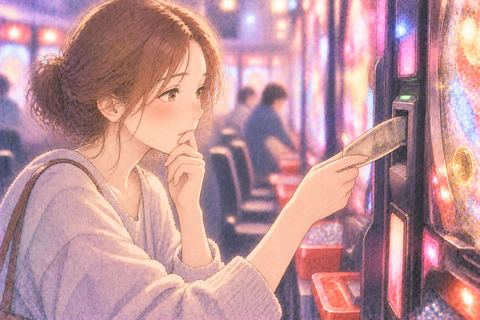 パチンコ台へお金を入れようとする女性