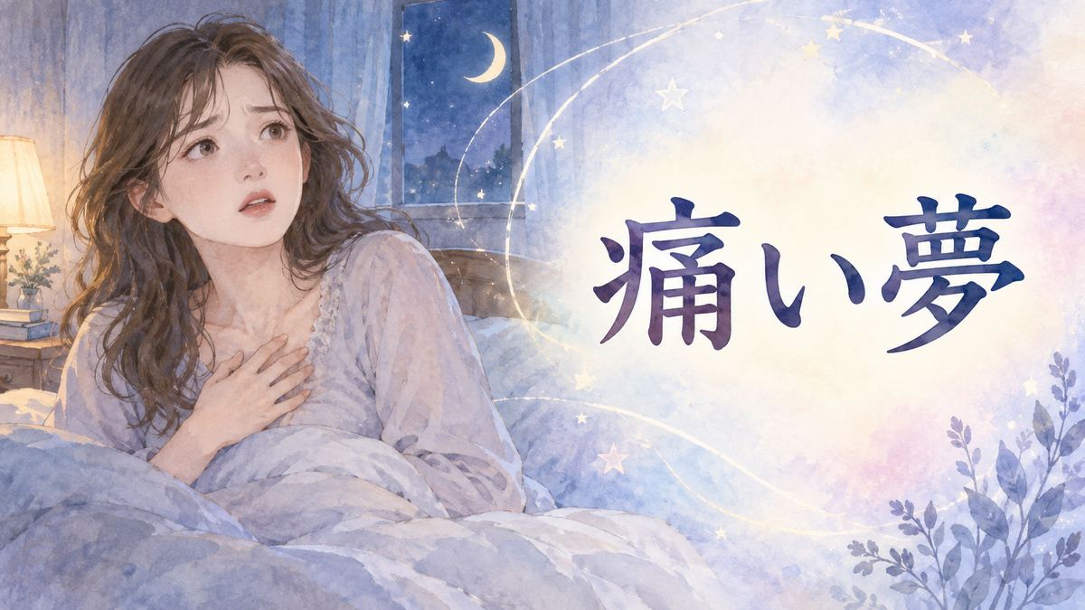 夢から目覚め手を胸元に添える女性と淡い夢の光