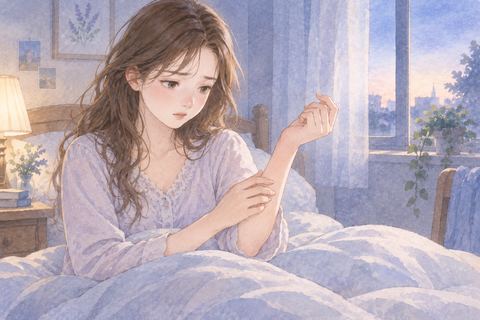 目覚めて腕に手を添え不思議そうにする女性