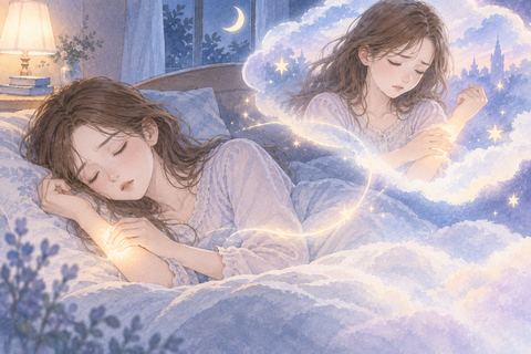 眠る女性の腕と夢の中の同じ場所を包む淡い光