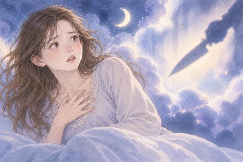 刃物の影を前に胸元へ手を添える女性