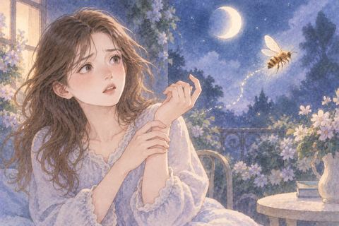 飛び去る蜂を見ながら手を気にする女性