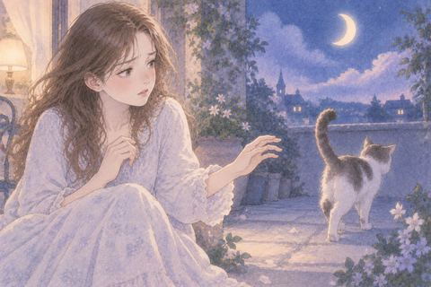 離れていく猫を静かに見送る女性