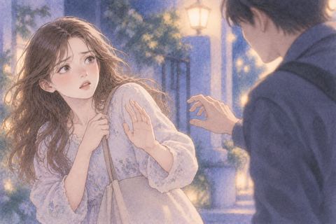 近づく人物から距離を取る女性