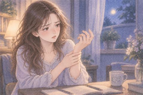差し出しかけた手を引いて見つめる女性