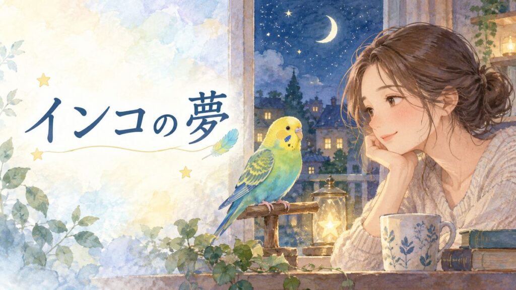 夜の窓辺で色鮮やかなインコを見つめる大人の女性