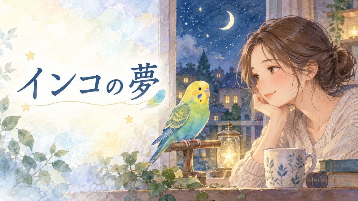 夜の窓辺で色鮮やかなインコを見つめる大人の女性