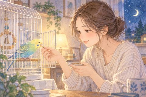 ケージのインコへ餌をあげる女性
