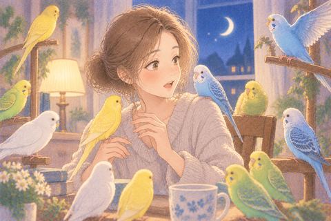 色とりどりのたくさんのインコに囲まれる女性