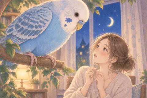 大きなインコを見上げる女性