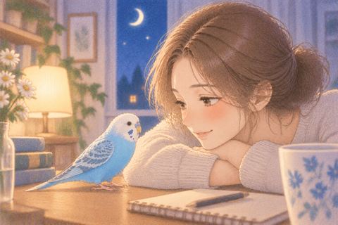 セキセイインコと親しげに向き合う女性