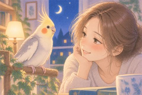 オカメインコの表情を楽しそうに見る女性