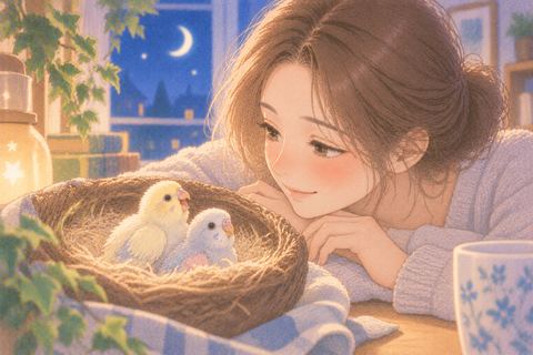 小さなインコのヒナを優しく見守る女性