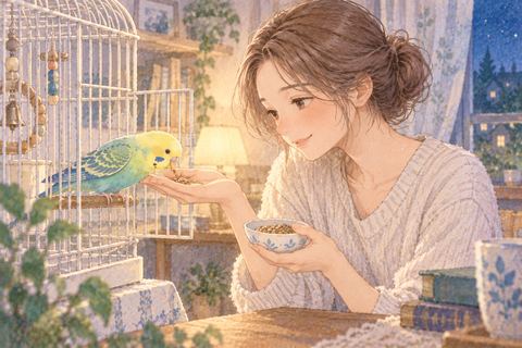 女性のそばへ親しげに寄ってくるインコ