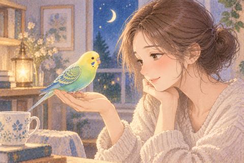 差し出した手にインコを乗せる女性