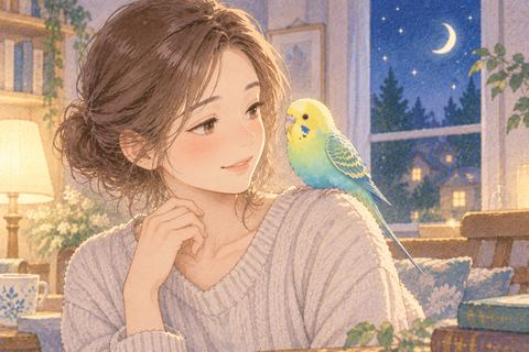 肩にインコを乗せて穏やかに過ごす女性