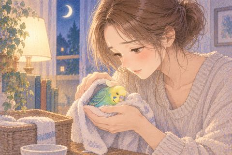 弱ったインコを両手でそっと保護する女性