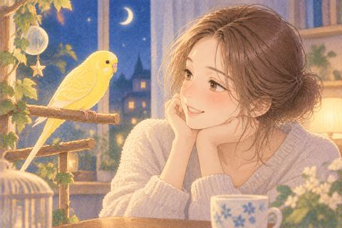明るい黄色のインコを見つめる女性