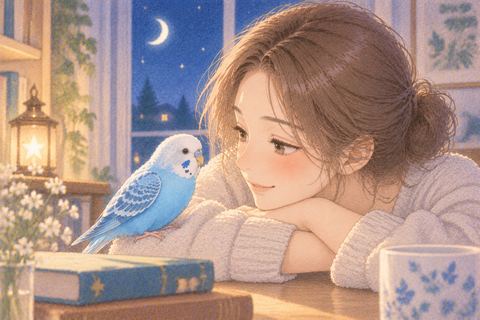 静かに寄り添う青いインコと女性
