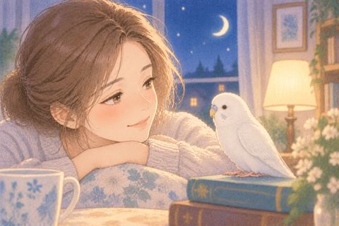 白いインコを穏やかに見つめる女性