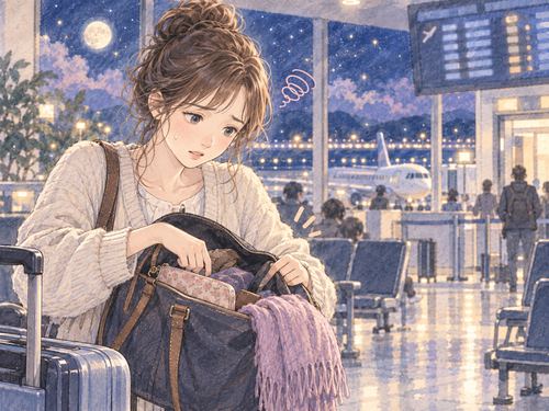 空港の搭乗口前でバッグを探す女性