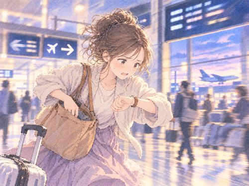 時計を見ながら空港を急ぐ女性