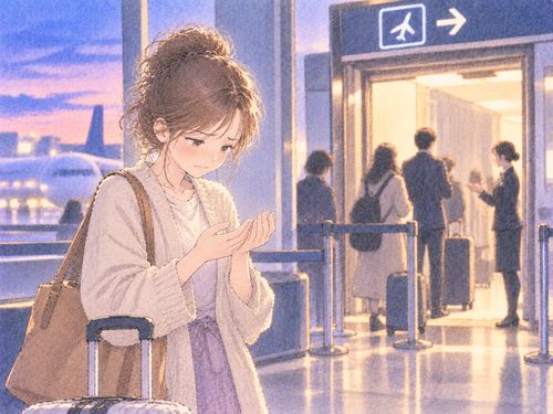 搭乗口を前に泣きそうな女性