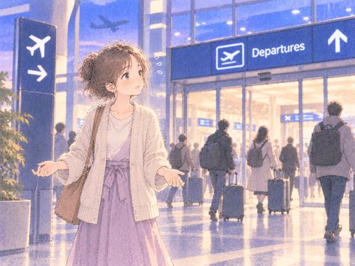 パスポートもスーツケースもない空港で戸惑う女性