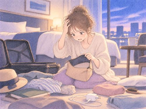 旅行用品が足りず慌てる女性