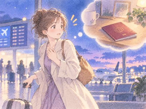 歩きながらパスポートを思い出して立ち止まる女性