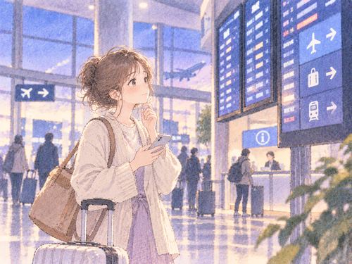 空港で別の方法を探し続ける女性
